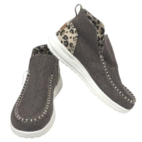 Hey Dude Grey & Leopard Print High Top Slip-On Casual Shoe Women 7 NWT - Picture 1 of 6